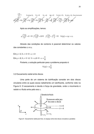 26
( Vx
 t
+vx
 Vx
 x
+ vy
 Vx
 y
+ vz
 Vx
 z
)= -
 𝑝
 x
+ [ ²Vx
 x²
+
²Vx
 y²
+
²Vx
 z²
]+ 𝑔x
Após as simplificações, temos:

² Vx
 y²
= 0 ∫
² Vx
 y²
= 0 ∫
 Vx
 y
= ∫
C1

Vx(y) = c1y + c2
Através das condições de contorno é possível determinar os valores
das constantes c1 e c2.
Em y = 0, Vx = 0 c2 = 0
Em y = B, Vx = V V = c1B c1 =
V
B
Portanto, a solução particular para o problema proposto é:
Vx(y) = y
V
B
3.2 Escoamento radial entre discos
Uma parte de um sistema de lubrificação consiste em dois discos
circulares entre os quais escoa radialmente um lubrificante, conforme visto na
Figura 8. O escoamento é devido à força da gravidade, onde o movimento é
radial e o fluido entra pelo eixo z.
Figura 8 - Escoamento radial para fora, no espaço entre dois discos circulares e paralelos
Vx (y)≠ Vx Vy = 0 Vz = 0 p = 0 Vx (x) = Vx Vx (z) = Vx Fluxo horizontal
z
r

 Vi
 t
=
0
 