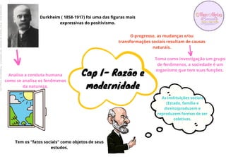 Durkheim ( 1858-1917) foi uma das figuras mais
expressivas do positivismo.
Analisa a conduta humana
como se analisa os fenômenos
da natureza.
Tem os "fatos sociais" como objetos de seus
estudos.
As instituições sociais
(Estado, família e
direito)produzem e
reproduzem formas de ser
coletivas.
Toma como investigação um grupo
de fenômenos, a sociedade é um
organismo que tem suas funções.
O progresso, as mudanças e/ou
transformações sociais resultam de causas
naturais.
Cap I- Razão e
modernidade
Licenciado
para
-
Erika
Teixeira
de
Oliveira
-
62133845372
-
Protegido
por
Eduzz.com
 