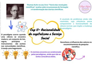 O paradigma ocorre quando
uma ciência se encontra
madura, um conjunto de leis,
regras, princípios e
instrumentos são aceitos
nas comunidades científicas.
Criando uma hegemonia.
Cap II- Racionalidade
do capitalismo e Serviço
Social
Thomas Kuhn no seu livro "Teoria das revoluções
científicas" analisa sobre os processos de formação
e transformação das teorias científicas.
O cientista encontra-se condicionado
pelos paradigmas, ainda que não se
tenha consciência deles.
O acumulo de problemas ainda não
resolvidos, cuja relevância possa
comprometer a funcionalidade da
ciência normal, que impõe a mudança
de paradigma.
Reconhece a influencia dos valores no
encaminhamento da pesquisa
científica.
Licenciado
para
-
Erika
Teixeira
de
Oliveira
-
62133845372
-
Protegido
por
Eduzz.com
 