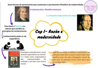 Duas formas de pensamento que sustentam o pensamento filosófico da modernidade:
O sistema ético- filosófico kantiano
Distingue entendimento como
atitude espontânea da mente.
E a razão como organizadora
das representações do
múltiplo e dá lhes uma forma
moral.
Age de tal modo a utilizar a natureza e as
pessoas como fim e nunca como meio. Isso
significa que há uma obrigação moral de
não usar as pessoas como meio para que
se consiga algo.
e a Filosofia especulativa de Hegel
Para Kant a filosofia é a
ciência que contêm os
princípios do conhecimento.
Conhecimento pode vir da
experiência.
Cap I- Razão e
modernidade
Licenciado
para
-
Erika
Teixeira
de
Oliveira
-
62133845372
-
Protegido
por
Eduzz.com
 