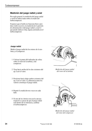 Turbocompresor
24 ©
Scania CV AB 1996 01:02-02 es
Medición del juego radial y axial
Por regla general, la medición del juego radial
y axial no indica nada sobre el estado del
turbocompresor.
Si parece que el turbo no funciona bien o pro-
duce ruido excesivo, la medición de la presión
de alimentación o del juego radial y axial sí
que puede indicar si hay alguna anomalía en el
turbocompresor.
Medición del juego radial
del rotor de la turbina
Medición del juego radial
del rotor del compresor
Juego radial
Medir el juego radial de los rotores de la tur-
bina y el compresor.
1 Colocar la punta del indicador de esfera
sobre el rotor de la turbina y del
compresor.
2 Tirar hacia arriba de los dos extremos del
eje. Leer el valor.
3 Presionar hacia abajo ambos extremos del
eje. Leer el valor. La diferencia entre los
valores constituye el juego radial.
4 Repetir la medición tres veces en cada
lado.
5 Si uno de los rotores roza en la carcasa
respectiva a pesar de que el juego radial
está dentro de la tolerancia, cambiar
el turbocompresor.
1
0
0
7
0
3
1
0
0
7
0
4
 