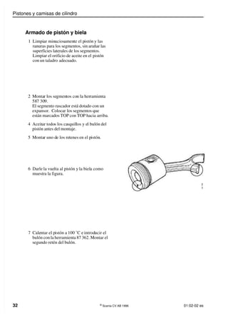 Pistones y camisas de cilindro
32 ©
Scania CV AB 1996 01:02-02 es
Armado de pistón y biela
1 Limpiar minuciosamente el pistón y las
ranuras para los segmentos, sin arañar las
superficies laterales de los segmentos.
Limpiar el orificio de aceite en el pistón
con un taladro adecuado.
2 Montar los segmentos con la herramienta
587 309.
El segmento rascador está dotado con un
expansor. Colocar los segmentos que
están marcados TOP con TOP hacia arriba.
4 Aceitar todos los casquillos y el bulón del
pistón antes del montaje.
5 Montar uno de los retenes en el pistón.
6 Darle la vuelta al pistón y la biela como
muestra la figura.
7 Calentar el pistón a 100 ˚C e introducir el
bulón con la herramienta 87 362. Montar el
segundo retén del bulón.
1
0
1
7
5
5
 