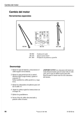 Cambio del motor
Cambio del motor
66
66 ©
©
Scania CV AB 1996
Scania CV AB 1996 01:02-02 es
01:02-02 es
Desmontaje
Desmontaje
1
1 Quita
Quitar la tapa
r la tapa de ba
de baterías
terías y des
y descone
conectar el
ctar el
cable negativo de la batería.
cable negativo de la batería.
2
2 Quita
Quitar la tapa
r la tapa prote
protectora
ctora de la ce
de la central
ntral
eléctrica bajo la tapa frontal y quitar el
eléctrica bajo la tapa frontal y quitar el
conector 13.
conector 13.
Soltar también los cables positivos y
Soltar también los cables positivos y nega-
nega-
tivos.
tivos.
3
3 Quita
Quitar las abra
r las abrazade
zaderas de pl
ras de plástic
ástico para so
o para sol-
l-
tar el cable 13.
tar el cable 13.
4
4 Abati
Abatir la cabin
r la cabina segú
a según las inst
n las instrucci
rucciones e
ones en
n
el Grupo 18.
el Grupo 18.
5
5 Qui
Quitar lo
tar los gua
s guarda
rdabar
barros
ros.
.
6
6 Saca
Sacar el haz
r el haz de ca
de cables d
bles desco
esconect
nectado y
ado y
ponerlo sobre el motor.
ponerlo sobre el motor.
Cambio del motor
Cambio del motor
Herramientas especiales
Herramientas especiales
9
98
8 0
09
94
4 C
Ca
ad
de
en
na
a d
de
e i
iz
za
ad
do
o
9
99
9 3
31
18
8 A
Ap
po
oy
yo
os
s p
pa
ar
ra
a m
mo
ot
to
or
r
5
58
87 3
7 308
08 P
Pol
olip
ipa
ast
sto
o de
de p
pal
alan
anca
ca y
y g
gan
anch
cho
o
9
99
9 3
31
18
8 5
58
87
7 3
30
08
8
1
1
0
0
0
0
0
0
4
4
2
2
98 094
98 094
¡IMPORTANTE!
¡IMPORTANTE! Los cáncamos del motor no
Los cáncamos del motor no
están dimensionados para levantar todo el vehí-
están dimensionados para levantar todo el vehí-
culo, por lo que no deben usarse para ello.
culo, por lo que no deben usarse para ello.
Para levantar el motor usar los tres cáncamos
Para levantar el motor usar los tres cáncamos
del mismo.
del mismo.
 