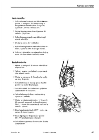 Cambio del motor
Cambio del motor
01:02-02 es
01:02-02 es ©
©
Scania CV AB 1996
Scania CV AB 1996 67
67
Lado izquierdo:
Lado izquierdo:
1
1 Quita
Quitar la man
r la manguer
guera de air
a de aire de ad
e de admisió
misión al
n al
tubo de aire.
tubo de aire.
2
2 Solta
Soltar y apa
r y apartar a un
rtar a un lado e
lado el comp
l compreso
resor de
r de
aire
aire acondicionado
acondicionado.
.
3
3 Quita
Quitar la man
r la manguer
guera de lle
a de llenado y
nado y la vari
la varilla
lla
de nivel de aceite.
de nivel de aceite.
4
4 Solta
Soltar la tren
r la trenza de m
za de masa y q
asa y quitar e
uitar el cabl
l cable
e
positivo al motor de arranque.
positivo al motor de arranque.
5
5 Solta
Soltar los tu
r los tubos de
bos de comb
combustib
ustible y el tu
le y el tubo
bo
del limitador de velocidad.
del limitador de velocidad.
6
6 Solta
Soltar la bo
r la bomba d
mba de la s
e la servo
ervodirec
dirección y
ción y
apartarla a un lado.
apartarla a un lado.
7
7 Qui
Quitar l
tar la ca
a caja de
ja de cam
cambio
bios (
s (ver el Grupo 5,
ver el Grupo 5,
Desmontaje y mo
Desmontaje y montaje de la caja de
ntaje de la caja de cam-
cam-
bios
bios) y colocar los cáncamos de izado en la
) y colocar los cáncamos de izado en la
tapa del volante.
tapa del volante.
8
8 Fijar la
Fijar la cade
cadena de iz
na de izado 98
ado 98 094 en
094 en los cá
los cán-
n-
camos de izado traseros.
camos de izado traseros.
9
9 Fijar e
Fijar el polip
l polipasto d
asto de pala
e palanca y g
nca y ganch
ancho
o
587
587 308 en
308 en el cánca
el cáncamo delantero.
mo delantero.
10
10 Solta
Soltar la mang
r la manguera de
uera de alime
alimentaci
ntación de ai
ón de aire
re
comprimido.
comprimido.
Lado derecho:
Lado derecho:
1
1 Solta
Soltar el tubo
r el tubo de as
de aspirac
piración de
ión del turbo
l turbocom-
com-
presor, la manguera del compresor y la
presor, la manguera del compresor y la
manguera de ventilación de la caja
manguera de ventilación de la caja del
del
cigüeñal. Cubrir el filtro de aire.
cigüeñal. Cubrir el filtro de aire.
2
2 Quita
Quitar las ma
r las mangue
ngueras de
ras de refrig
refrigerant
erante del
e del
radiador (4 piezas).
radiador (4 piezas).
3
3 Solta
Soltar la man
r la manguera
guera plega
plegada de
da del tubo d
l tubo del
el
aire de admisión.
aire de admisión.
4
4 Quita
Quitar la c
r la correa
orrea del
del venti
ventilador
lador.
.
5
5 Solta
Soltar la man
r la manguera
guera del ai
del aire del c
re del cilindr
ilindro de
o de
freno y quitar el tubo de escape trasero.
freno y quitar el tubo de escape trasero.
6
6 Solta
Soltar el cable d
r el cable del acel
el acelerado
erador del vari
r del varillaje y
llaje y
soltar las abrazaderas en el
soltar las abrazaderas en el alternador.
alternador.
1
1
0
0
0
0
7
7
2
2
8
8
1
1
0
0
0
0
7
7
2
2
7
7
 