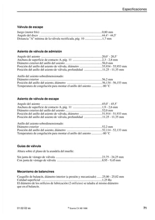 Especiﬁcaciones
01:02-02 es ©
Scania CV AB 1996 71
Válvula de escape
Juego (motor frío) ..................................................................................0,80 mm
Angulo del disco ....................................................................................44,4˚- 44,5˚
Distancia ”A” mínima de la válvula rectificada, pág. 10 .......................1,7 mm
Asiento de válvula de admisión
Angulo del asiento .................................................................................20,0˚ - 20,5˚
Anchura de superficie de contacto A, pág. 11 .......................................2,3 - 2,8 mm
Diámetro exterior del anillo del asiento .................................................56,0 mm
Posición del anillo del asiento de válvula, diámetro ..............................55,934 - 55,953 mm
Posición del anillo del asiento de válvula, profundidad ........................11,25 - 11,35 mm
Anillo del asiento sobredimensionado:
Diámetro exterior ...................................................................................56,2 mm
Posición del anillo del asiento, diámetro ...............................................56,134 - 56,153 mm
Temperatura de congelación para montar el anillo del asiento ..............-80 ˚C
Asiento de válvula de escape
Angulo del asiento .................................................................................45,0˚ - 45,5˚
Anchura de superficie de contacto A, pág. 11 .......................................1,9 - 2,6 mm
Diámetro exterior del anillo del asiento .................................................52,0 mm
Posición del anillo del asiento de válvula, diámetro ..............................51,914 - 51,933 mm
Posición del anillo del asiento de válvula, profundidad ........................11,25 - 11,35 mm
Anillo del asiento sobredimensionado:
Diámetro exterior ...................................................................................52,2 mm
Posición del anillo del asiento, diámetro ...............................................52,114 - 52,133 mm
Temperatura de congelación para montar el anillo del asiento ..............-80 ˚C
Guías de válvula
Altura sobre el plano de la arandela del muelle:
Sin junta de vástago de válvula ..............................................................23,75 - 24,25 mm
Con junta de vástago de válvula ............................................................8,95 - 9,45 mm
Mecanismo de balancines
Casquillo de balancín, diámetro interior (a presión y mecanizado) .......25,00 - 25,02 mm
Calidad superficial .................................................................................1,25 Ra
El diámetro de los orificios de lubricación (2 orificios) se taladra al mismo diámetro
que en el balancín.
 