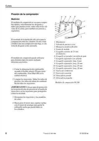 Culata
6 ©
Scania CV AB 1996 01:02-02 es
Presión de la compresión
Medición
El medidor de compresión se usa para compro-
bar rápida y sencillamente los desgastes y
daños que puedan existir, sobre todo en las vál-
vulas de la culata, pero también en camisas y
segmentos.
1 Manómetro
2 Válvula de puesta a cero
3 Manguera metálica flexible
4 Sonda de medida
5 Casquillo extremo de 21 mm
de diámetro
6 Casquillo se parador con talón de guía
7 Casquillo separador con saliente
8 Casquillo separador, long. 6 mm
9 Casquillo separador, long. 19 mm
10 Casquillo separador, long. 25 mm
11 Casquillo separador, long. 38 mm
12 Tuerca de sombrerete
13 Tuerca de conexión
14 Abrazadera grande
15 Abrazadera pequeña
El resultado de la medición sólo sirve para la
comparación entre los cilindros. Si uno o más
cilindros dan una compresión más baja, es sín-
toma de desgaste u otra anomalía.
El medidor de compresión puede utilizarse
para distintos tipos de motor mediante
diferentes accesorios.
1 Cortar la alimentación de combustible
sacando el fusible número 20 para cierre
del combustible. (Fuel Shut Off) en la
central eléctrica.
2 Limpiar los inyectores. Soltar los tubos de
presión y los tubos de rebose de combusti-
ble de todos los inyectores.
¡IMPORTANTE! Colocar tapas de protección
en los portaválvulas de presión de la bomba de
inyección y en los inyectores para protegerlos
contra la suciedad.
3 Desmontar los inyectores y las arandelas
de cobre.
4 Hacer girar el motor unas cuantas vueltas
con el motor de arranque para quitar la
carbonilla suelta que pueda haber en
los cilindros.
Medidor de compresión 98 249
 