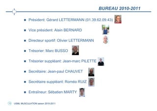 BUREAU 2010-2011

                Président: Gérard LETTERMANN (01.39.62.09.43)

                Vice président: Alain BERNARD

                Directeur sportif: Olivier LETTERMANN

                Trésorier: Marc BUSSO

                Trésorier suppléant: Jean-marc PILETTE

                Secrétaire: Jean-paul CHAUVET

                Secrétaire suppléant: Roméo RUIZ

                Entraîneur: Sébatien MARTY

13   USML MUSCULATION saison 2010-2011
 