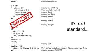 truncated signature
missing parent /Type
/Kids should be indirect
missing /Font
missing kid /Type
missing /Count
missing endobj
missing /Length
missing xref
/Root should be indirect, missing /Size, missing root /Type
missing startxref, %%EOF
%PDF-1.
1 0 obj
<< /Kids [<<
/Parent 1 0 R
/Resources <<>>
/Contents 2 0 R
>>]
>>
2 0 obj
<<>>
stream
BT
/F1 110 Tf
10 400 Td
(Hello World!) Tj
ET
endstream
endobj
trailer <<
/Root << /Pages 1 0 R >>
>>
It’s not
standard...
INVALID?
 