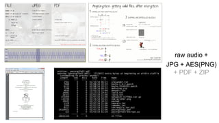 raw audio +
JPG + AES(PNG)
+ PDF + ZIP
 