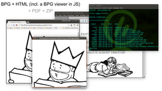 $ unzip -l pocorgtfo07.pdf
Archive: pocorgtfo07.pdf
******* PWNED ********
dumping credentials...
**********************
Length EAs ACLs Date Time Name
-------- --- ---- ---- ---- ----
6325 0 0 02/02/15 20:56 500miles.txt
0 0 0 19/03/15 15:51 abusing_file_formats/
370375 0 0 06/03/15 21:51 abusing_file_formats/3in1.png
512 0 0 06/03/15 21:51 abusing_file_formats/abstract.tar
BPG + HTML (incl. a BPG viewer in JS)
+ PDF + ZIP
 