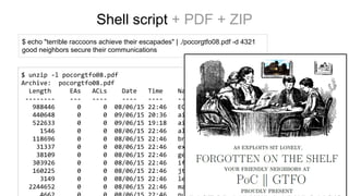 $ unzip -l pocorgtfo08.pdf
Archive: pocorgtfo08.pdf
Length EAs ACLs Date Time Name
-------- --- ---- ---- ---- ----
988446 0 0 08/06/15 22:46 ECCpolyglots.pdf
440648 0 0 09/06/15 20:36 airtel-injection.tar.bz2
522633 0 0 09/06/15 19:18 airtel.png
1546 0 0 08/06/15 22:46 alexander.txt
118696 0 0 08/06/15 22:46 browsersec.zip
31337 0 0 08/06/15 22:46 exploit2.txt
38109 0 0 08/06/15 22:46 geer.langsec.21v15.txt
303926 0 0 08/06/15 22:46 ifthisgoeson.txt
160225 0 0 08/06/15 22:46 jt65.pdf
3149 0 0 08/06/15 22:46 leehseinloong.cpp
2244652 0 0 08/06/15 22:46 madelinek.wav
Shell script + PDF + ZIP
$ echo "terrible raccoons achieve their escapades" | ./pocorgtfo08.pdf -d 4321
good neighbors secure their communications
 