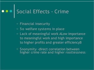 Social Effects - Crime
O Financial insecurity
O 5o welfare systems in place
O Lack of meaningful work ALow importance
to m...