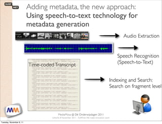 Adding metadata, the new approach:
                          Using speech-to-text technology for
                          metadata generation
                                                                                                            Audio Extraction


                                                                                                          Speech Recognition
                                                                                                          (Speech-to-Text)
                          Time-coded Transcript

                                                                                                      Indexing and Search:
                                                                                                      Search on fragment level




 1                         SURFnet. We make innovation work
                                                 MediaMosa     @ Dé Onderwijsdagen 2011
                                            Utrecht, 8 November 2011 - SURFnet. We make innovation work

Tuesday, November 8, 11
 
