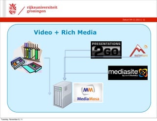 Datum 04-11-2011 | 11




                          Video + Rich Media




Tuesday, November 8, 11
 