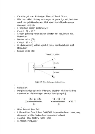 Cara Pengukuran Rintangan Elektrod Bumi Dibuat
Ujian hendaklah diulang sekurang-kurangnya tiga kali, bertujuan
untuk mengelakkan bacaantidak tepat disebabkan kawasan
rintangan bertindih.
i. Rekodkan bacaan pertama (Z1)
Contoh : Z1 = 10 Ω
ii. Ubah pancang voltan sejauh 6 meter dari kedudukan asal.
Rekodkan
bacaan kedua (Z2)
Contoh : Z2 = 10 Ω
iii. Ubah pancang voltan sejauh 6 meter dari kedudukan asal.
Rekodkan
bacaan ketiga (Z3)
Keputusan:
Daripada ketiga-tiga nilai rintangan, dapatkan nilai purata bagi
menentukan nilai rintangan elektrod bumi yang diuji.
Ujian Peranti Arus Baki
i. Memastikan Peranti Arus Baki (PAB) terpelantik dalam masa yang
ditetapkan apabila berlaku kebocoranarus ke bumi.
ii. Alatuji - RCD Tester / RCCB Tester.
iii. Kaedah Pengujian 1
 