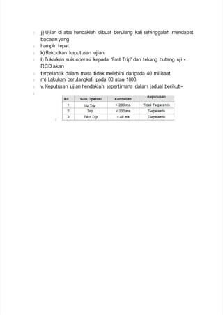 j) Ujian di atas hendaklah dibuat berulang kali sehinggalah mendapat
bacaanyang
hampir tepat.
k) Rekodkan keputusan ujian.
l) Tukarkan suis operasi kepada 'Fast Trip' dan tekang butang uji -
RCD akan
terpelantik dalam masa tidak melebihi daripada 40 milisaat.
m) Lakukan berulangkali pada 00 atau 1800.
v. Keputusan ujian hendaklah sepertimana dalam jadual berikut:-
 