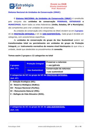 EXAME DA OAB
Direito Ambiental
Prof. Rosenval
Estratégia OAB www.estrategiaoab.com.br 30 de 48
Sistema Nacional de Unidades de Conservação (SNUC)
O Sistema NACIONAL de Unidades de Conservação (SNUC) é constituído
pelo conjunto das unidades de conservação FEDERAIS, ESTADUAIS e
MUNICIPAIS. Assim todos os entes federativos (União, Estados, DF e Municípios)
são competentes para criar unidades de conservação.
As unidades de conservação (UC) integrantes do SNUC dividem-se em 2 grupos:
UC de PROTEÇÃO INTEGRAL e UC de USO SUSTENTÁVEL. Cada grupo é dividido em
categorias, com características específicas.
As unidades de conservação do grupo de Uso Sustentável podem ser
transformadas total ou parcialmente em unidades do grupo de Proteção
Integral, por instrumento normativo do mesmo nível hierárquico do que criou a
unidade, desde que obedecidos os procedimentos de consulta.
Temos assim 2 grupos e 12 categorias no total
2 grupos:
(Art. 7º)
Proteção Integral
Preservar a natureza
+ uso indireto
Uso Sustentável
Conservação da natureza
+uso sustentável
5 categorias de UC no grupo de UC de PROTEÇÃO INTEGRAL
(Art. 8º)
I - Estação Ecológica (EE);
II - Reserva Biológica (ReBio);
III - Parque Nacional (ParNa);
IV - Monumento Natural (MN);
V - Refúgio de Vida Silvestre (RVS).
7 categorias de UC no grupo de UC de USO SUSTENTÁVEL
(Art. 14)
 