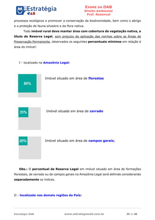 EXAME DA OAB
Direito Ambiental
Prof. Rosenval
Estratégia OAB www.estrategiaoab.com.br 39 de 48
processos ecológicos e promover a conservação da biodiversidade, bem como o abrigo
e a proteção de fauna silvestre e da flora nativa.
Todo imóvel rural deve manter área com cobertura de vegetação nativa, a
título de Reserva Legal, sem prejuízo da aplicação das normas sobre as Áreas de
Preservação Permanente, observados os seguintes percentuais mínimos em relação à
área do imóvel:
I - localizado na Amazônia Legal:
Obs.: O percentual de Reserva Legal em imóvel situado em área de formações
florestais, de cerrado ou de campos gerais na Amazônia Legal será definido considerando
separadamente os índices.
II - localizado nas demais regiões do País:
Imóvel situado em área de florestas
Imóvel situado em área de cerrado
Imóvel situado em área de campos gerais;
 
