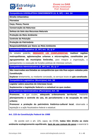 EXAME DA OAB
Direito Ambiental
Prof. Rosenval
Estratégia OAB www.estrategiaoab.com.br 8 de 48
Competência LEGISLATIVA CONCORRENTE (U, E, DF) – Art. 24
Direito Urbanístico
Florestas
Caça, Pesca, Fauna
Conservação da Natureza
Defesa do Solo dos Recursos Naturais
Proteção do Meio Ambiente
Controle da Poluição
Proteção do Patrimônio
Responsabilidade por Dano ao Meio Ambiente
Competência Legislativa (E, DF) Art. 25, § 3º
Os estados poderão, MEDIANTE LEI COMPLEMENTAR, instituir regiões
metropolitanas, aglomerações urbanas e microrregiões, constituídas por
agrupamentos de municípios limítrofes, para integrar a organização, o
planejamento e a execução de funções públicas de interesse comum.
Competência Administrativa (E, DF) Art. 25, § 1º
São reservadas aos Estados as competências que não lhes sejam vedadas pela
Constituição.
Explorar diretamente, ou mediante concessão, os serviços locais de gás canalizado.
Competência Legislativa (Municípios) Art. 30
Legislar sobre assuntos de interesse local;
Suplementar a legislação federal e a estadual no que couber.
Competência Administrativa (Municípios) Art. 30
Promover, no que couber, adequado ordenamento territorial, mediante
planejamento e controle do uso, do parcelamento e da ocupação do solo
urbano;
Promover a proteção do patrimônio histórico-cultural local, observada a
legislação e a ação fiscalizadora federal e estadual.
Art. 225 da Constituição Federal de 1988
De acordo com o art. 225, caput, da CF/88, todos têm direito ao meio
ambiente ecologicamente equilibrado, bem de uso comum do povo e essencial à
 