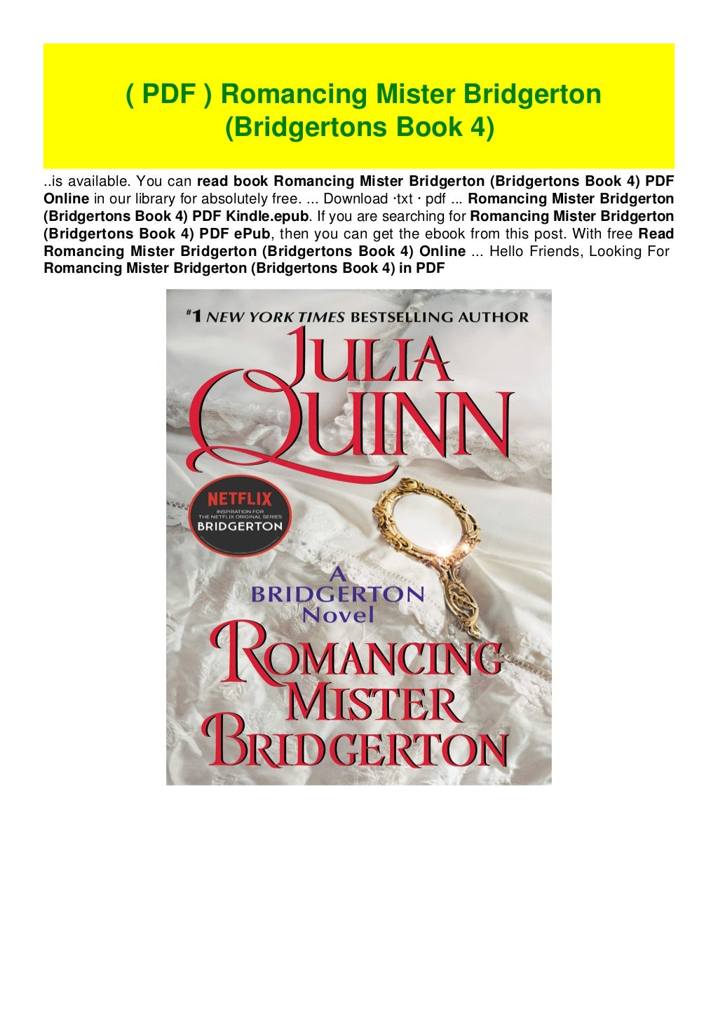 ( PDF ) Romancing Mister Bridgerton (Bridgertons Book 4)