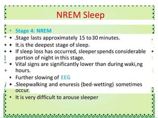 * • .Stage lasts approximately 15 to30 minutes. ,
• • It.is the deepest stage of sleep. ’;
• • If sleep loss has occurred, sleeperspends considerable •
] portion of night in this stage. t
” • Vital signs are significantly lower than during waki,ng
+ hours. 1
• Further slowing of EEG
j • .Sleepwalking and enuresis (bed-wetting) sometimes
 