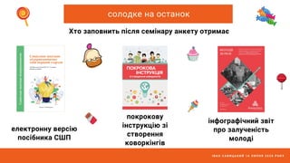 І В А Н С А В И Ц Ь К И Й 1 6 Л И П Н Я 2 0 2 0 Р О К У
солодке на останок
покрокову
інструкцію зі
створення
коворкінгів
Хто заповнить після семінару анкету отримає
електронну версію
посібника СШП
інфографічний звіт
про залученість
молоді
 