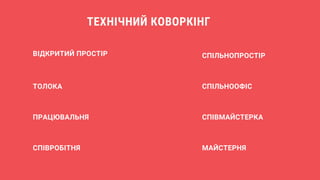 ТОЛОКА
ВІДКРИТИЙ ПРОСТІР СПІЛЬНОПРОСТІР
СПІЛЬНООФІС
СПІВМАЙСТЕРКАПРАЦЮВАЛЬНЯ
МАЙСТЕРНЯСПІВРОБІТНЯ
ТЕХНІЧНИЙ КОВОРКІНГ
 