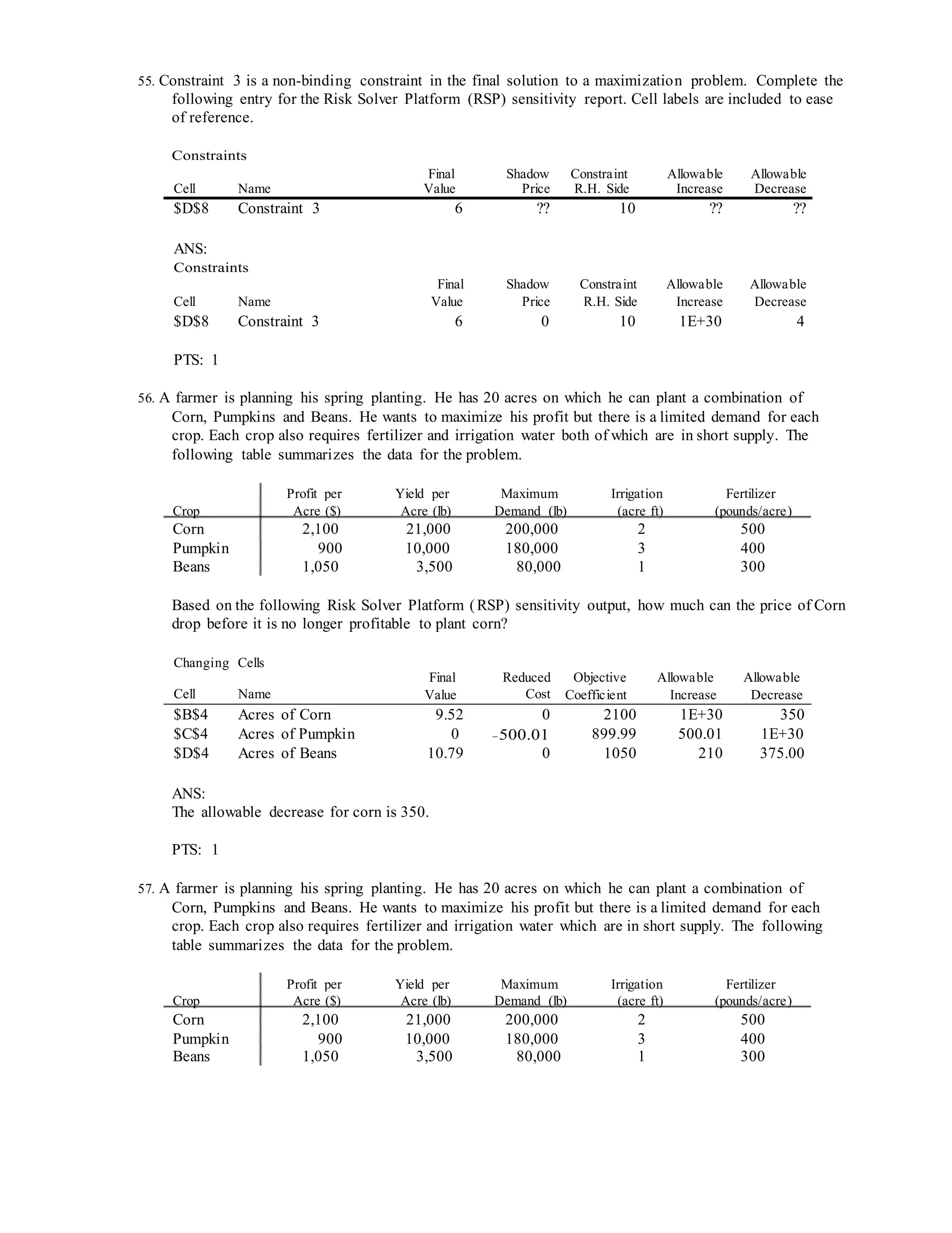Profit per Yield per Maximum Irrigation Fertilizer
Profit per Yield per Maximum Irrigation Fertilizer
55. Constraint 3 is a non-binding constraint in the final solution to a maximization problem. Complete the
following entry for the Risk Solver Platform (RSP) sensitivity report. Cell labels are included to ease
of reference.
Constraints
Cell Name
Final
Value
Shadow
Price
Constraint
R.H. Side
Allowable
Increase
Allowable
Decrease
$D$8 Constraint 3 6 ?? 10 ?? ??
ANS:
Constraints
Final Shadow Constraint Allowable Allowable
Cell Name Value Price R.H. Side Increase Decrease
$D$8 Constraint 3 6 0 10 1E+30 4
PTS: 1
56. A farmer is planning his spring planting. He has 20 acres on which he can plant a combination of
Corn, Pumpkins and Beans. He wants to maximize his profit but there is a limited demand for each
crop. Each crop also requires fertilizer and irrigation water both of which are in short supply. The
following table summarizes the data for the problem.
Crop Acre ($) Acre (lb) Demand (lb) (acre ft) (pounds/acre)
Corn 2,100 21,000 200,000 2 500
Pumpkin 900 10,000 180,000 3 400
Beans 1,050 3,500 80,000 1 300
Based on the following Risk Solver Platform (RSP) sensitivity output, how much can the price of Corn
drop before it is no longer profitable to plant corn?
Changing Cells
Cell Name
Final
Value
Reduced
Cost
Objective
Coefficient
Allowable
Increase
Allowable
Decrease
$B$4 Acres of Corn 9.52 0 2100 1E+30 350
$C$4 Acres of Pumpkin 0 −500.01 899.99 500.01 1E+30
$D$4 Acres of Beans 10.79 0 1050 210 375.00
ANS:
The allowable decrease for corn is 350.
PTS: 1
57. A farmer is planning his spring planting. He has 20 acres on which he can plant a combination of
Corn, Pumpkins and Beans. He wants to maximize his profit but there is a limited demand for each
crop. Each crop also requires fertilizer and irrigation water which are in short supply. The following
table summarizes the data for the problem.
Crop Acre ($) Acre (lb) Demand (lb) (acre ft) (pounds/acre)
Corn 2,100 21,000 200,000 2 500
Pumpkin 900 10,000 180,000 3 400
Beans 1,050 3,500 80,000 1 300
 