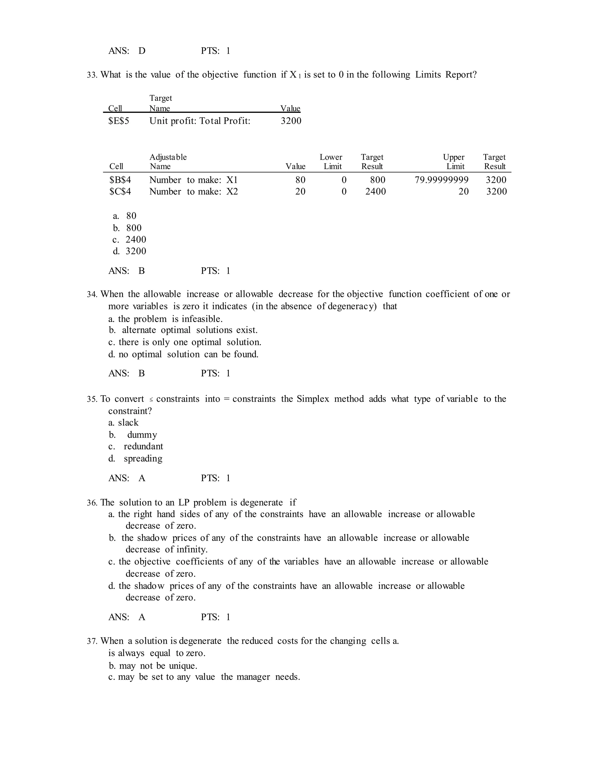 ANS: D PTS: 1
33. What is the value of the objective function if X 1 is set to 0 in the following Limits Report?
Target
Cell Name Value
$E$5 Unit profit: Total Profit: 3200
Cell
Adjustable
Name Value
Lower
Limit
Target
Result
Upper
Limit
Target
Result
$B$4 Number to make: X1 80 0 800 79.99999999 3200
$C$4 Number to make: X2 20 0 2400 20 3200
a. 80
b. 800
c. 2400
d. 3200
ANS: B PTS: 1
34. When the allowable increase or allowable decrease for the objective function coefficient of one or
more variables is zero it indicates (in the absence of degeneracy) that
a. the problem is infeasible.
b. alternate optimal solutions exist.
c. there is only one optimal solution.
d. no optimal solution can be found.
ANS: B PTS: 1
35. To convert ≤ constraints into = constraints the Simplex method adds what type of variable to the
constraint?
a. slack
b. dummy
c. redundant
d. spreading
ANS: A PTS: 1
36. The solution to an LP problem is degenerate if
a. the right hand sides of any of the constraints have an allowable increase or allowable
decrease of zero.
b. the shadow prices of any of the constraints have an allowable increase or allowable
decrease of infinity.
c. the objective coefficients of any of the variables have an allowable increase or allowable
decrease of zero.
d. the shadow prices of any of the constraints have an allowable increase or allowable
decrease of zero.
ANS: A PTS: 1
37. When a solution is degenerate the reduced costs for the changing cells a.
is always equal to zero.
b. may not be unique.
c. may be set to any value the manager needs.
 