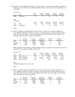 Profit per Yield per Maximum Irrigation Fertilizer
Profit per Yield per Maximum Irrigation Fertilizer
55. Constraint 3 is a non-binding constraint in the final solution to a maximization problem. Complete the
following entry for the Risk Solver Platform (RSP) sensitivity report. Cell labels are included to ease
of reference.
Constraints
Cell Name
Final
Value
Shadow
Price
Constraint
R.H. Side
Allowable
Increase
Allowable
Decrease
$D$8 Constraint 3 6 ?? 10 ?? ??
ANS:
Constraints
Final Shadow Constraint Allowable Allowable
Cell Name Value Price R.H. Side Increase Decrease
$D$8 Constraint 3 6 0 10 1E+30 4
PTS: 1
56. A farmer is planning his spring planting. He has 20 acres on which he can plant a combination of
Corn, Pumpkins and Beans. He wants to maximize his profit but there is a limited demand for each
crop. Each crop also requires fertilizer and irrigation water both of which are in short supply. The
following table summarizes the data for the problem.
Crop Acre ($) Acre (lb) Demand (lb) (acre ft) (pounds/acre)
Corn 2,100 21,000 200,000 2 500
Pumpkin 900 10,000 180,000 3 400
Beans 1,050 3,500 80,000 1 300
Based on the following Risk Solver Platform (RSP) sensitivity output, how much can the price of Corn
drop before it is no longer profitable to plant corn?
Changing Cells
Cell Name
Final
Value
Reduced
Cost
Objective
Coefficient
Allowable
Increase
Allowable
Decrease
$B$4 Acres of Corn 9.52 0 2100 1E+30 350
$C$4 Acres of Pumpkin 0 −500.01 899.99 500.01 1E+30
$D$4 Acres of Beans 10.79 0 1050 210 375.00
ANS:
The allowable decrease for corn is 350.
PTS: 1
57. A farmer is planning his spring planting. He has 20 acres on which he can plant a combination of
Corn, Pumpkins and Beans. He wants to maximize his profit but there is a limited demand for each
crop. Each crop also requires fertilizer and irrigation water which are in short supply. The following
table summarizes the data for the problem.
Crop Acre ($) Acre (lb) Demand (lb) (acre ft) (pounds/acre)
Corn 2,100 21,000 200,000 2 500
Pumpkin 900 10,000 180,000 3 400
Beans 1,050 3,500 80,000 1 300
 
