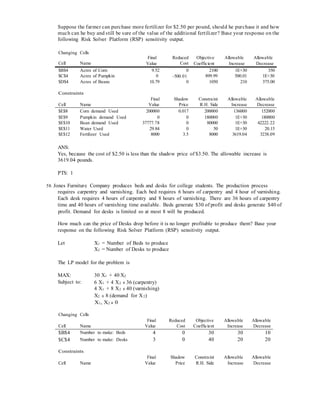 Suppose the farmer can purchase more fertilizer for $2.50 per pound, should he purchase it and how
much can he buy and still be sure of the value of the additional fertilizer? Base your response on the
following Risk Solver Platform (RSP) sensitivity output.
Changing Cells
Cell Name
Final
Value
Reduced
Cost
Objective
Coefficient
Allowable
Increase
Allowable
Decrease
$B$4 Acres of Corn 9.52 0 2100 1E+30 350
$C$4 Acres of Pumpkin 0 −500.01 899.99 500.01 1E+30
$D$4 Acres of Beans 10.79 0 1050 210 375.00
Constraints
Final Shadow Constraint Allowable Allowable
Cell Name Value Price R.H. Side Increase Decrease
$E$8 Corn demand Used 200000 0.017 200000 136000 152000
$E$9 Pumpkin demand Used 0 0 180000 1E+30 180000
$E$10 Bean demand Used 37777.78 0 80000 1E+30 42222.22
$E$11 Water Used 29.84 0 50 1E+30 20.15
$E$12 Fertilizer Used 8000 3.5 8000 3619.04 3238.09
ANS:
Yes, because the cost of $2.50 is less than the shadow price of $3.50. The allowable increase is
3619.04 pounds.
PTS: 1
58. Jones Furniture Company produces beds and desks for college students. The production process
requires carpentry and varnishing. Each bed requires 6 hours of carpentry and 4 hour of varnishing.
Each desk requires 4 hours of carpentry and 8 hours of varnishing. There are 36 hours of carpentry
time and 40 hours of varnishing time available. Beds generate $30 of profit and desks generate $40 of
profit. Demand for desks is limited so at most 8 will be produced.
How much can the price of Desks drop before it is no longer profitable to produce them? Base your
response on the following Risk Solver Platform (RSP) sensitivity output.
Let X1 = Number of Beds to produce
X2 = Number of Desks to produce
The LP model for the problem is
MAX: 30 X1 + 40 X2
Subject to: 6 X1 + 4 X2 ≤ 36 (carpentry)
4 X1 + 8 X2 ≤ 40 (varnishing)
X2 ≤ 8 (demand for X2)
X1, X2 ≥ 0
Changing Cells
Final Reduced Objective Allowable Allowable
Cell Name Value Cost Coefficient Increase Decrease
$B$4 Number to make: Beds 4 0 30 30 10
$C$4 Number to make: Desks 3 0 40 20 20
Constraints
Final Shadow Constraint Allowable Allowable
Cell Name Value Price R.H. Side Increase Decrease
 