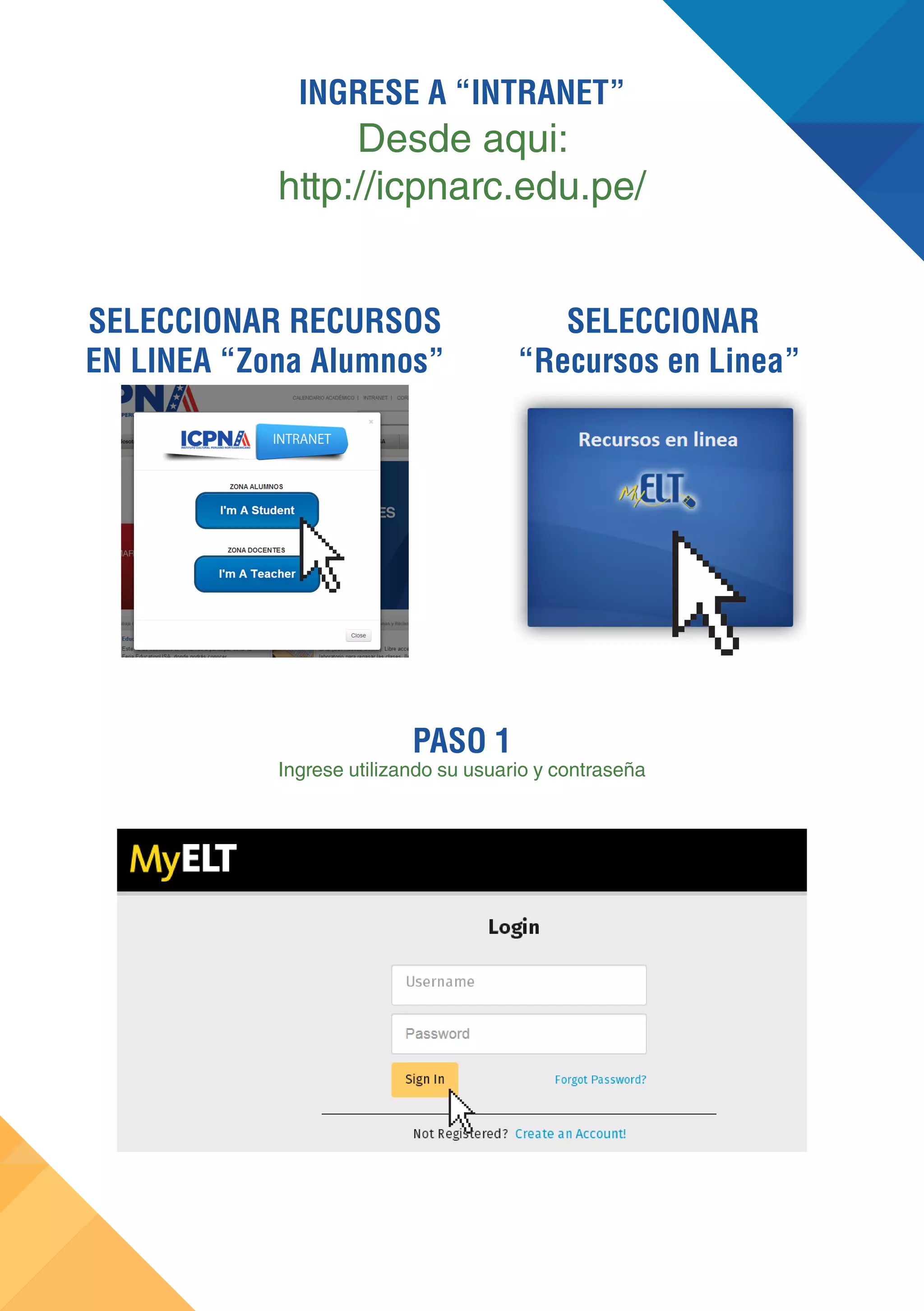 PASO 1
Ingrese utilizando su usuario y contraseña
SELECCIONAR
“Recursos en Linea”
SELECCIONAR RECURSOS
EN LINEA “Zona Alumnos”
INGRESE A “INTRANET”
Desde aqui:
http://icpnarc.edu.pe/