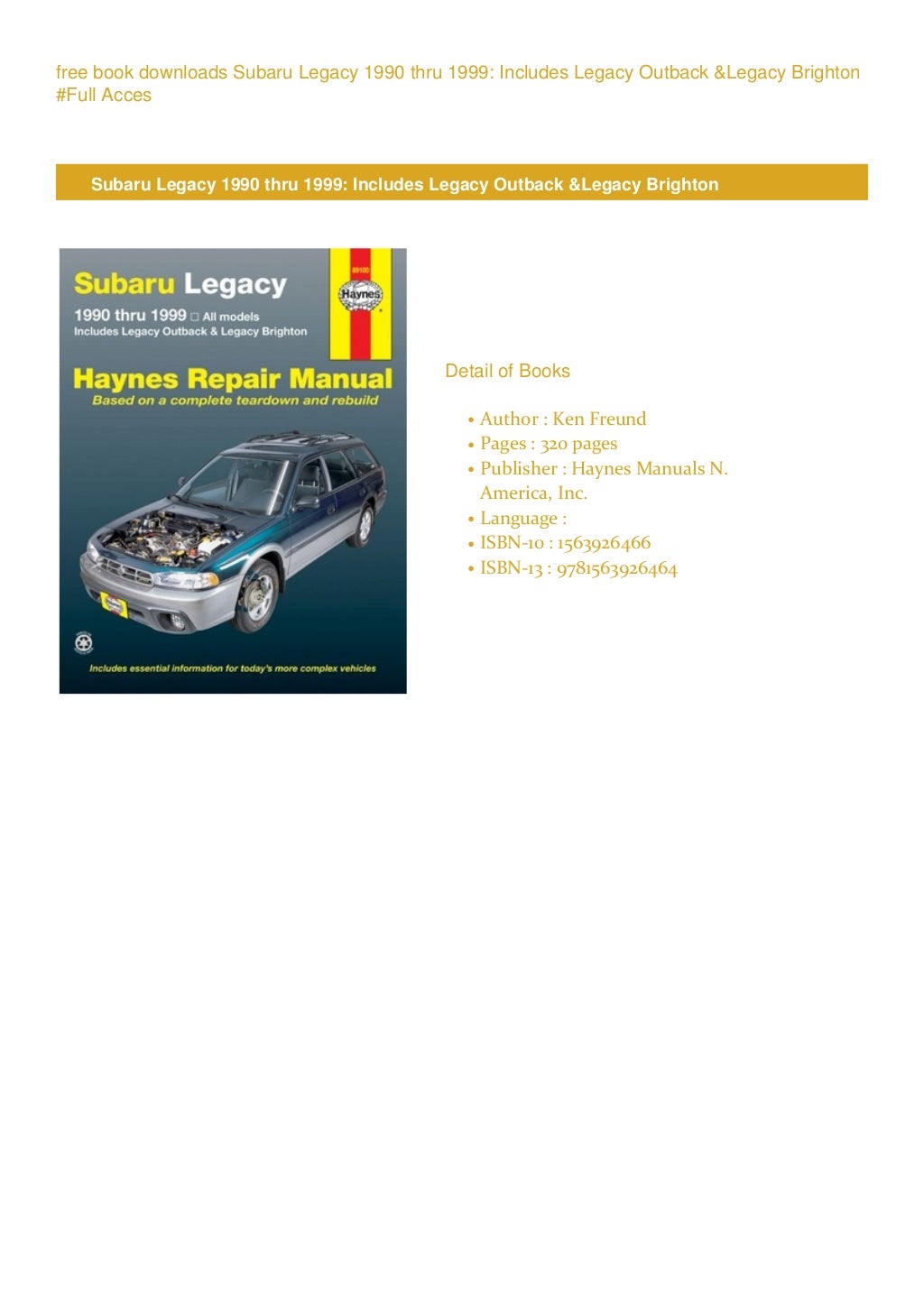 [PDF]Subaru Legacy 1990 thru 1999 Includes Legacy Outback