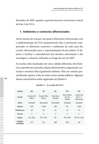 série Avaliação de Políticas Públicas | 01




     dezembro de 2007, quando o governo buscava concretizar o início
     da Fase 2 do UCA.


          1. Ambientes e contextos diferenciados

     Antes mesmo de avançar nas quatro dimensões relacionadas com
     a implementação do UCA propriamente dita, é pertinente com-
     preender os diferentes contextos e ambientes de cada uma das
     escolas selecionadas para a experimentação do pré-piloto. O ob-
     jetivo é facilitar o entendimento dos desafios enfrentados e das
     estratégias e soluções utilizadas ao longo do ano de 2007.

     As escolas estão localizadas em cinco cidades diferentes, têm histó-
     rico, experiências, tamanho, relação administrativa, organização cur-
     ricular e estrutura física igualmente distintas. Têm em comum, pro-
     vavelmente, apenas o fato de todas serem escolas públicas. Algumas
6   dessas características estão registradas no Quadro 1.

                                Quadro 1 – As escolas do UCA

       Estado         RS              SP            RJ              TO               DF
                                                                Dom Alano        Centro de
                   Luciana de     Ernani Silva   Ciep Rosa
       Escola                                                     M. Du           EF nº 1
                     Abreu          Bruno         Guedes
                                                                  Noday          (Paranoá)
        Rede        Estadual       Municipal     Municipal       Estadual         Estadual
       Alunos         400            1.200         400              911             1.000
     Professores      50              50            26               34               76
       Turnos          3               4             2               3                3
       Etapas      EF e EJA         EF e EJA        EF           EF e EM        EI, EF e EJA
      Laptops
                      275             275          400              400               40
     recebidos
 