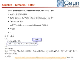 Objekte – Streams - FilterFilter (kaskadierend, können Optionen enthalten) - zB: ASCIIHEX / ASCII85LZW (Lempel-Ziv-Welch): Text, Grafiken, usw – ca 2:1JPEG – ca 10:1CCITT – JBIG2: monochrome Bilder ca20-50:1Crypt…http://www.adobe.com/content/dam/Adobe/en/devnet/acrobat/pdfs/PDF32000_2008.pdf (Seite 23)