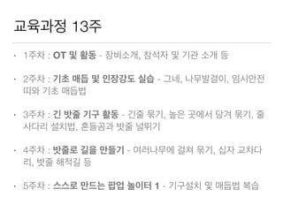 교육과정 13주
• 1주차 : OT 및 활동 - 장비소개, 참석자 및 기관 소개 등
• 2주차 : 기초 매듭 및 인장강도 실습 - 그네, 나무발걸이, 임시안전
띠와 기초 매듭법
• 3주차 : 긴 밧줄 기구 활동 - 긴줄 묶기, 높은 곳에서 당겨 묶기, 줄
사다리 설치법, 흔들곰과 밧줄 널뛰기
• 4주차 : 밧줄로 길을 만들기 - 여러나무에 걸쳐 묶기, 십자 교차다
리, 밧줄 해적길 등
• 5주차 : 스스로 만드는 팝업 놀이터 1 - 기구설치 및 매듭법 복습
 