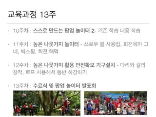 교육과정 13주
• 10주차 : 스스로 만드는 팝업 놀이터 2- 기존 학습 내용 복습
• 11주차 : 높은 나뭇가지 놀이터 - 쓰로우 볼 사용법, 회전목마 그
네, 빅스윙, 회전 해먹
• 12주차 : 높은 나뭇가지 활용 안전확보 기구설치 - 다리와 길의
창작, 로프 사용해서 등반 하강하기
• 13주차 : 수료식 및 팝업 놀이터 발표회
 