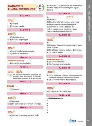 105
GABARITO
·
MATERIAL
DE
TRANSIÇÃO
/
2023
·
5
o
ANO
PÁGINA 7
1- (B) Virgula
2- (D) Cavaco e viola.
PÁGINA 8
1- (C) Galhinho seco
2- (B) Caçar e se proteger.
PÁGINA 9
1- (A) As brincadeiras de crianças.
2- (A) Diversão e trabalho.
PÁGINA 10
1- (B) A paixão pelos cabelos.
PÁGINA 11
2- Um episódio envolvendo guerreiros que
ameaçam levar as galinhas da família e
acusam a avó do narrador de ser uma feiticeira.
PÁGINA 12
1- raptada.
PÁGINA 13
1. (B) Gostava.
2. (C) Os elementos que formam o remédio.
PÁGINA 14
1- (A) entrada dos passageiros no avião.
2- “Alçar voo” diz respeito ao ato de se elevar
do chão e de partir com direção a algum
destino.
PÁGINA 15
1-
A) de humor.
B) Divertir o leitor por meio de uma ironia
2- Espera-se que o estudante registre
suas reflexões sobre a posição da
mulher na sociedade patriarcal e suas
“responsabilidades domésticas”.
PÁGINA 16
1-
A) Ensinar a fazer um brigadeiro branco com
limão siciliano.
B) Em sites de culinária ou livros de receitas.
2. (A) Divertir o leitor.
PÁGINA 17
1- (A) Provocar humor.
2- (A) Promover uma reflexão.
PÁGINA 18
1- (X) As enchentes, estiagens e tempestades são
consequências de não cuidarmos da natureza.
2- (B) O desmatamento da Amazônia.
PÁGINA 19
1- (C) A parreira era muito alta.
PÁGINA 20
LOTERIA DO SABER
F
V
V
F
V
V
 