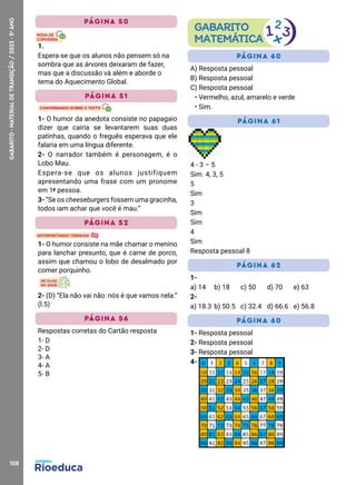 108
GABARITO
·
MATERIAL
DE
TRANSIÇÃO
/
2023
·
5
o
ANO
PÁGINA 50
1.
Espera-se que os alunos não pensem só na
sombra que as árvores deixaram de fazer,
mas que a discussão vá além e aborde o
tema do Aquecimento Global.
PÁGINA 51
1- O humor da anedota consiste no papagaio
dizer que cairia se levantarem suas duas
patinhas, quando o freguês esperava que ele
falaria em uma língua diferente.
2- O narrador também é personagem, é o
Lobo Mau.
Espera-se que os alunos justifiquem
apresentando uma frase com um pronome
em 1ª pessoa.
3- “Se os cheeseburgers fossem uma gracinha,
todos iam achar que você é mau.”
PÁGINA 52
1- O humor consiste na mãe chamar o menino
para lanchar presunto, que é carne de porco,
assim que chamou o lobo de desalmado por
comer porquinho.
2- (D) “Ela não vai não: nós é que vamos nela.”
(l.5)
PÁGINA 56
Respostas corretas do Cartão resposta
1- D
2- D
3- A
4- A
5- B
PÁGINA 60
A) Resposta pessoal
B) Resposta pessoal
C) Resposta pessoal
• Vermelho, azul, amarelo e verde
• Sim.
PÁGINA 61
4 - 3 – 5
Sim. 4, 3, 5
5
Sim
3
Sim
Sim​
4​
Sim​
Resposta pessoal 8
PÁGINA 62
1-
a) 14 b) 18 c) 50 d) 70 e) 63
2-
a) 18.3 b) 50.5 c) 32.4 d) 66.6 e) 56.8
PÁGINA 60
1- Resposta pessoal
2- Resposta pessoal
3- Resposta pessoal
4-
 