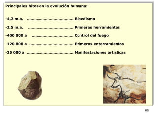 Principales hitos en la evolución humana:


-4,2 m.a.    ……………………………….. Bipedismo

-2,5 m.a.    ………….…………………… Primeras her...