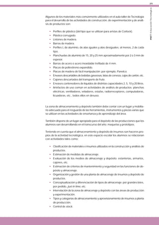 Algunos de los materiales más comúnmente utilizados en el aula-taller de Tecnología
para el desarrollo de las actividades de construcción, de experimentación y de análisis de productos son:
•
•
•
•
•
•
•
•
•
•
•
•
•

Perfiles de plástico (del tipo que se utilizan para aristas de Corlock).
Plástico corrugado.
Listones de madera.
Barras de madera.
Perfiles L de aluminio, de alas iguales y alas desiguales; al menos, 2 de cada
tipo.
Planchuelas de aluminio de 15, 20 y 25 mm aproximadamente por 2 o 3 mm de
espesor.
Barras de acero o acero inoxidable trefilado de 4 mm.
Placas de poliestireno expandido.
Placas de madera de fácil manipulación; por ejemplo, Panelco.
Envases descartables de bebidas gaseosas, latas de cerveza, cajas de cartón, etc.
Cajones descartados del transporte de fruta.
Envases contenedores de líquidos de distintas capacidades 2, 5, 10 y 20 litros.
Artefactos de uso común en actividades de análisis de productos: planchas
eléctricas, ventiladores, veladores, estufas, radiorreceptores, computadoras,
licuadoras, etc., todos ellos en desuso.

La zona de almacenamiento y depósito también debe contar con un lugar y mobiliario adecuado para el resguardo de las herramientas, instrumentos y piezas varias que
se utilizan en las actividades de enseñanza y de aprendizaje del área.
También dispone de un lugar apropiado para el depósito de las producciones que los
alumnos van desarrollando en el transcurso del año: maquetas y prototipos.
Teniendo en cuenta que el almacenamiento y depósito de insumos son haceres propios de la actividad tecnológica, en este espacio escolar los alumnos se relacionan
con actividades tales como:
• Clasificación de materiales e insumos utilizados en la construcción y análisis de
productos.
• Estimación de medidas de almacenaje.
• Evaluación de los medios de almacenaje y depósito: estanterías, armarios,
cajones, etc.
• Estimación de criterios de mantenimiento y seguridad en las funciones de depósito y almacenaje.
• Organización y gestión de una planta de almacenaje de insumos y depósito de
productos.
• Conceptualización y diferenciación de tipos de almacenaje: por grandes lotes,
por pedido, just in time, etc.
• Interrelación de la zona de almacenaje y depósito con las áreas de producción
y experimentación.
• Tipos y categorías de almacenamiento y aprovisionamiento de insumos a planta
de producción.
• Control de stock.

INET / Educación Tecnológica

25

 
