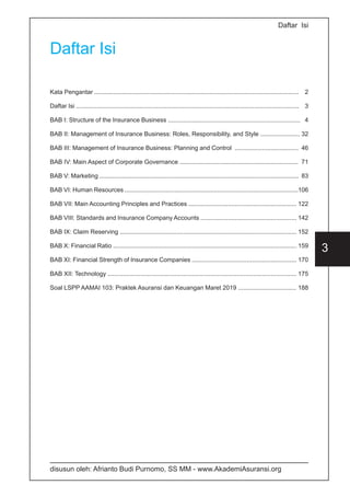 disusun oleh: Afrianto Budi Purnomo, SS MM - www.AkademiAsuransi.org
3
Daftar Isi
Daftar Isi
Kata Pengantar ....................................................................................................................... 2
Daftar Isi .................................................................................................................................. 3
BAB I: Structure of the Insurance Business ............................................................................. 4
BAB II: Management of Insurance Business: Roles, Responsibility, and Style ....................... 32
BAB III: Management of Insurance Business: Planning and Control ..................................... 46
BAB IV: Main Aspect of Corporate Governance ..................................................................... 71
BAB V: Marketing .................................................................................................................... 83
BAB VI: Human Resources .....................................................................................................106
BAB VII: Main Accounting Principles and Practices ............................................................... 122
BAB VIII: Standards and Insurance Company Accounts ........................................................ 142
BAB IX: Claim Reserving ....................................................................................................... 152
BAB X: Financial Ratio ........................................................................................................... 159
BAB XI: Financial Strength of Insurance Companies ............................................................. 170
BAB XII: Technology .............................................................................................................. 175
Soal LSPP AAMAI 103: Praktek Asuransi dan Keuangan Maret 2019 .................................. 188
 