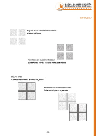 Manual de Assentamento
de Revestimentos Cerâmicos
P I S O S I N T E R N O S

CAPÍTULO 2

Rejunte de cor similar ao revestimento

Efeito uniforme

Rejunte claro e revestimento escuro

Evidencia a cor e a textura do revestimento

Rejunte cinza

Cor neutra que fica melhor em pisos.

Rejunte escuro e revestimento claro

Enfatiza o layout da parede

- 10 -

 