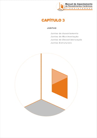 Manual de Assentamento
de Revestimentos Cerâmicos
P I S O S I N T E R N O S

CAPÍTULO 3
JUNTAS
Juntas de Assentamento
Juntas de Movimentação
Juntas de Dessolidarização
Juntas Estruturais

 