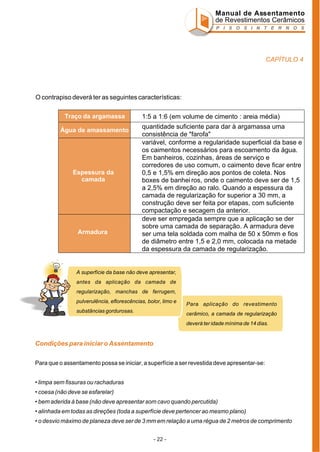Manual de Assentamento
de Revestimentos Cerâmicos
P I S O S I N T E R N O S

CAPÍTULO 4

O contrapiso deverá ter as seguintes características:
Traço da argamassa
Água de amassamento

·

1:5 a 1:6 (em volume de cimento : areia média)

·

quantidade suficiente para dar à argamassa uma
consistência de "farofa"
variável, conforme a regularidade superficial da base e
os caimentos necessários para escoamento da água.
Em banheiros, cozinhas, áreas de serviço e
corredores de uso comum, o caimento deve ficar entre
0,5 e 1,5% em direção aos pontos de coleta. Nos
boxes de banhei ros, onde o caimento deve ser de 1,5
a 2,5% em direção ao ralo. Quando a espessura da
camada de regularização for superior a 30 mm, a
construção deve ser feita por etapas, com suficiente
compactação e secagem da anterior.
deve ser empregada sempre que a aplicação se der
sobre uma camada de separação. A armadura deve
ser uma tela soldada com malha de 50 x 50mm e fios
de diâmetro entre 1,5 e 2,0 mm, colocada na metade
da espessura da camada de regularização.

·

Espessura da
camada

·
Armadura

A superfície da base não deve apresentar,
antes da aplicação da camada de
regularização, manchas de ferrugem,
pulverulência, eflorescências, bolor, limo e
substâncias gordurosas.

Para aplicação do revestimento
cerâmico, a camada de regularização
deverá ter idade mínima de 14 dias.

Condições para iniciar o Assentamento
Para que o assentamento possa se iniciar, a superfície a ser revestida deve apresentar-se:
• limpa sem fissuras ou rachaduras
• coesa (não deve se esfarelar)
• bem aderida à base (não deve apresentar som cavo quando percutida)
• alinhada em todas as direções (toda a superfície deve pertencer ao mesmo plano)
• o desvio máximo de planeza deve ser de 3 mm em relação a uma régua de 2 metros de comprimento
- 22 -

 