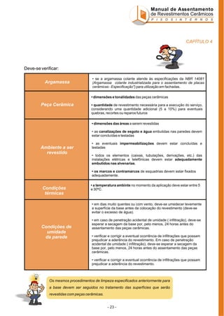 Manual de Assentamento
de Revestimentos Cerâmicos
P I S O S I N T E R N O S

CAPÍTULO 4

Deve-se verificar:

Argamassa

• se a argamassa colante atende às especificações da NBR 14081
(Argamassa colante industrializada para o assentamento de placas
cerâmicas - Especificação") para utilização em fachadas.
• dimensões e tonalidades das peças cerâmicas

Peça Cerâmica

• quantidade de revestimento necessária para a execução do serviço,
considerando uma quantidade adicional (5 a 10%) para eventuais
quebras, recortes ou reparos futuros
• dimensões das áreas a serem revestidas
• as canalizações de esgoto e água embutidas nas paredes devem
estar concluídas e testadas

Ambiente a ser
revestido

• as eventuais impermeabilizações devem estar concluídas e
testadas
• todos os elementos (caixas, tubulações, derivações, etc.) das
instalações elétricas e telefônicas devem estar adequadamente
embutidos nas alvenarias.
• os marcos e contramarcos de esquadrias devem estar fixados
adequadamente.

Condições
térmicas

• a temperatura ambinte no momento da aplicação deve estar entre 5
e 30ºC.

• em dias muito quentes ou com vento, deve-se umedecer levemente
a superfície da base antes da colocação do revestimento (deve-se
evitar o excesso de água).

Condições de
umidade
da parede

• em caso de penetração acidental de umidade ( infiltração), deve-se
esperar a secagem da base por, pelo menos, 24 horas antes do
assentamento das peças cerâmicas.
• verificar e corrigir a eventual ocorrência de infiltrações que possam
prejudicar a aderência do revestimento. Em caso de penetração
acidental de umidade ( infiltração), deve-se esperar a secagem da
base por, pelo menos, 24 horas antes do assentamento das peças
cerâmicas.
• verificar e corrigir a eventual ocorrência de infiltrações que possam
prejudicar a aderência do revestimento.

Os mesmos procedimentos de limpeza especificados anteriormente para
a base devem ser seguidos no tratamento das superfícies que serão
revestidas com peças cerâmicas.

- 23 -

 
