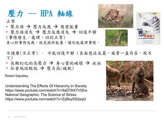 正常
• 壓力源  壓力反應  應變能量
• 壓力源消失  壓力反應消失  回復平靜
(事情發生，處理，回到正常)
身心對事情反應，就是提供能量，讓你能處理事情。
不健康(不正常) – 不能回復平靜 (負面想法反芻，威脅一直存在，放不
下)
• 長期幻化的高壓力  身心靈的破壞  疾病
• 社會地位較低  壓力高(被欺)
壓力 -- HPA 軸線
Confidential14
Understanding The Effects Of Hierarchy In Society
https://www.youtube.com/watch?v=9aDTAX7V5Ew
National Geographic- The Science of Stress
https://www.youtube.com/watch?v=ZyBsy5SQxqU
Robert Sapolsky
 