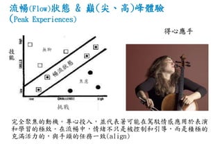 流暢(Flow)狀態 & 巔(尖、高)峰體驗
(Peak Experiences)
完全聚焦的動機。專心投入，並代表著可能在駕駁情感應用於表演
和學習的極致。在流暢中，情緒不只是被控制和引導，而是積極的
充滿活力的，與手頭的任務一致(align)
得心應手
挑戰
技
能
無聊
焦慮
 