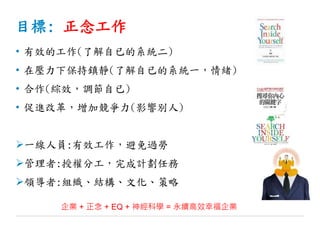 目標: 正念工作
• 有效的工作(了解自已的系統二)
• 在壓力下保持鎮靜(了解自已的系統一，情緒)
• 合作(綜效，調節自已)
• 促進改革，增加競爭力(影響別人)
一線人員:有效工作，避免過勞
管理者:授權分工，完成計劃任務
領導者:組織、結構、文化、策略
企業 + 正念 + EQ + 神經科學 = 永續高效幸福企業
 