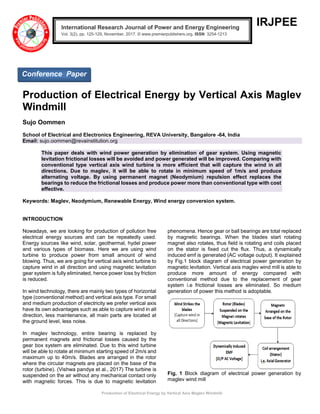 Production of Electrical Energy by Vertical Axis Maglev Windmill
IRJPEE
Production of Electrical Energy by Vertical Axis Maglev
Windmill
Sujo Oommen
School of Electrical and Electronics Engineering, REVA University, Bangalore -64, India
Email: sujo.oommen@revainstitution.org
This paper deals with wind power generation by elimination of gear system. Using magnetic
levitation frictional losses will be avoided and power generated will be improved. Comparing with
conventional type vertical axis wind turbine is more efficient that will capture the wind in all
directions. Due to maglev, it will be able to rotate in minimum speed of 1m/s and produce
alternating voltage. By using permanent magnet (Neodymium) repulsion effect replaces the
bearings to reduce the frictional losses and produce power more than conventional type with cost
effective.
Keywords: Maglev, Neodymium, Renewable Energy, Wind energy conversion system.
INTRODUCTION
Nowadays, we are looking for production of pollution free
electrical energy sources and can be repeatedly used.
Energy sources like wind, solar, geothermal, hydel power
and various types of biomass. Here we are using wind
turbine to produce power from small amount of wind
blowing. Thus, we are going for vertical axis wind turbine to
capture wind in all direction and using magnetic levitation
gear system is fully eliminated, hence power loss by friction
is reduced.
In wind technology, there are mainly two types of horizontal
type (conventional method) and vertical axis type. For small
and medium production of electricity we prefer vertical axis
have its own advantages such as able to capture wind in all
direction, less maintenance, all main parts are located at
the ground level, less noise.
In maglev technology, entire bearing is replaced by
permanent magnets and frictional losses caused by the
gear box system are eliminated. Due to this wind turbine
will be able to rotate at minimum starting speed of 2m/s and
maximum up to 40m/s. Blades are arranged in the rotor
where the circular magnets are placed on the base of the
rotor (turbine). (Vishwa pandya et al., 2017) The turbine is
suspended on the air without any mechanical contact only
with magnetic forces. This is due to magnetic levitation
phenomena. Hence gear or ball bearings are total replaced
by magnetic bearings. When the blades start rotating
magnet also rotates, thus field is rotating and coils placed
on the stator is fixed cut the flux. Thus, a dynamically
induced emf is generated (AC voltage output). It explained
by Fig.1 block diagram of electrical power generation by
magnetic levitation. Vertical axis maglev wind mill is able to
produce more amount of energy compared with
conventional method due to the replacement of gear
system i.e frictional losses are eliminated. So medium
generation of power this method is adoptable.
Fig. 1 Block diagram of electrical power generation by
maglev wind mill
International Research Journal of Power and Energy Engineering
Vol. 3(2), pp. 125-129, November, 2017. © www.premierpublishers.org, ISSN: 3254-1213x
Conference Paper
 